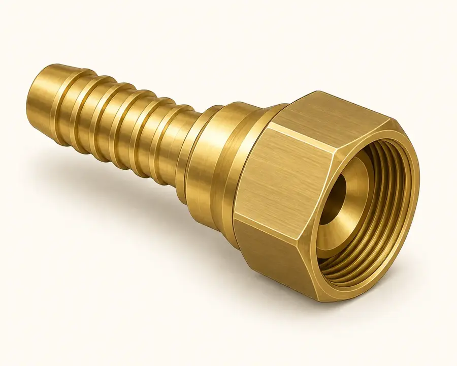 Technical illustration of a 3/8 inch female SAE 45-degree flare swivel hose fitting with its internal seat visible